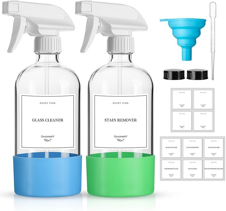 GIVAMEIHF 2 Pack Glass Spray Bottles with Silicone Sleeve,16oz Clear Glass Spray Bottles Refillable Empty Bottle with Adjustable Nozzle,Spray Bottle for Essential Oils,Cleaning Solutions,Pets,Hair - Product Image