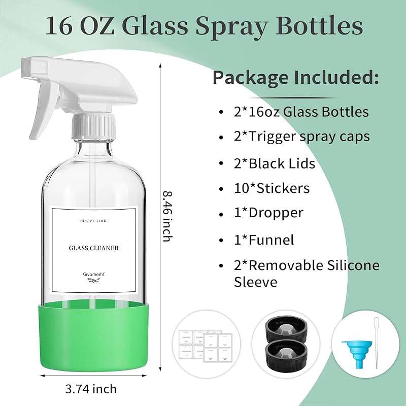 GIVAMEIHF 2 Pack Glass Spray Bottles with Silicone Sleeve,16oz Clear Glass Spray Bottles Refillable Empty Bottle with Adjustable Nozzle,Spray Bottle for Essential Oils,Cleaning Solutions,Pets,Hair - Image 2