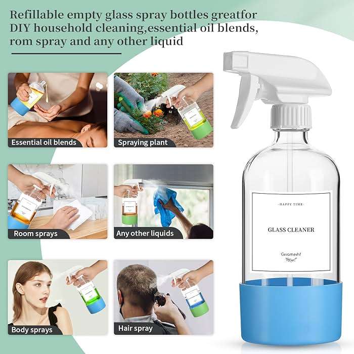 GIVAMEIHF 2 Pack Glass Spray Bottles with Silicone Sleeve,16oz Clear Glass Spray Bottles Refillable Empty Bottle with Adjustable Nozzle,Spray Bottle for Essential Oils,Cleaning Solutions,Pets,Hair - Image 4