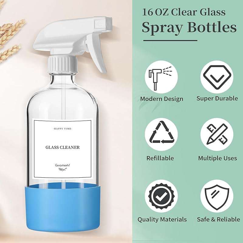 GIVAMEIHF 2 Pack Glass Spray Bottles with Silicone Sleeve,16oz Clear Glass Spray Bottles Refillable Empty Bottle with Adjustable Nozzle,Spray Bottle for Essential Oils,Cleaning Solutions,Pets,Hair - Image 7
