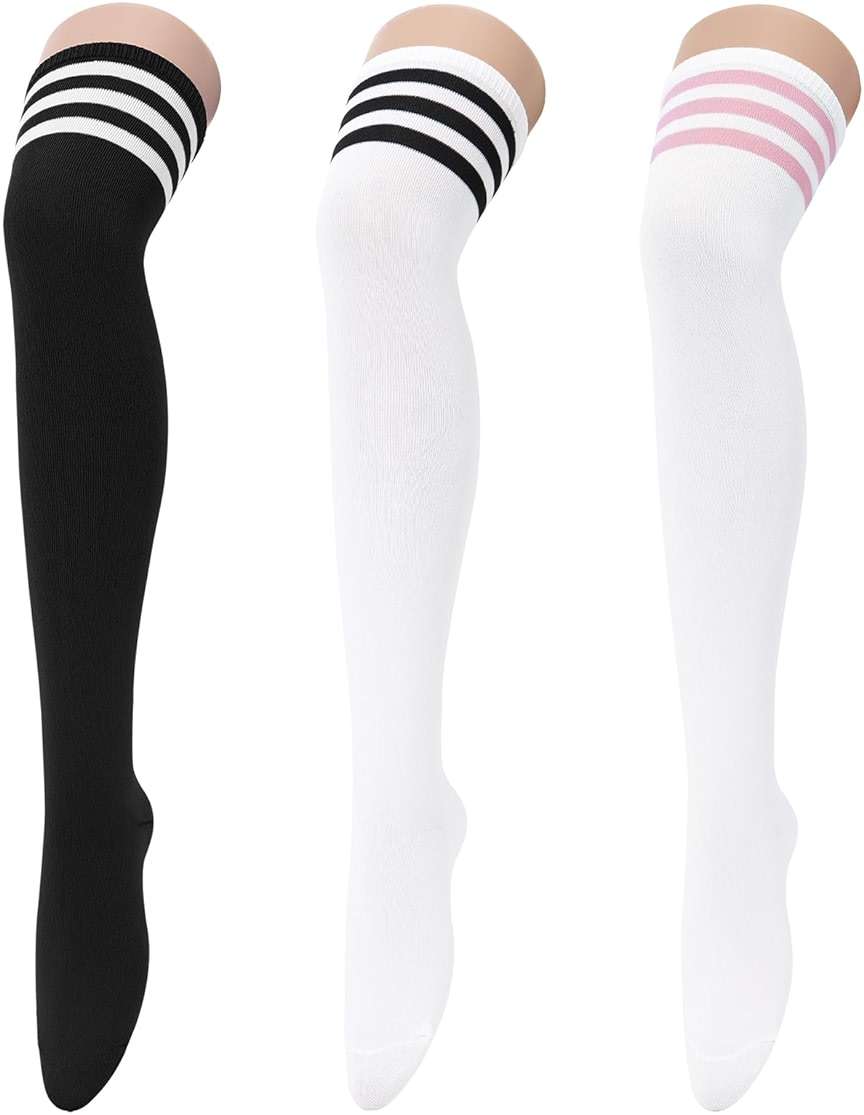 Century Star 3 Pairs Thigh High Socks for Women Over the Knee High Socks Triple Stripe Long Stockings Thigh Highs Leg Warmer - Image 1