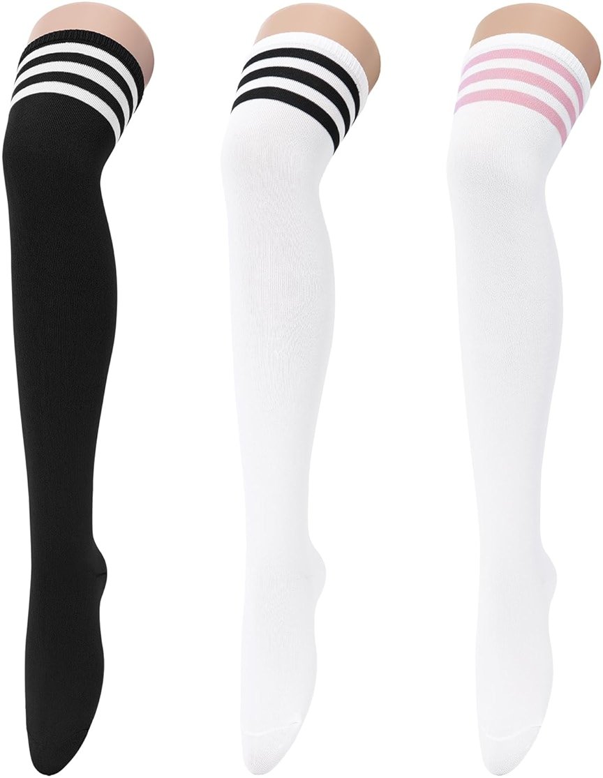 Century Star 3 Pairs Thigh High Socks for Women Over the Knee High Socks Triple Stripe Long Stockings Thigh Highs Leg Warmer - Product Image