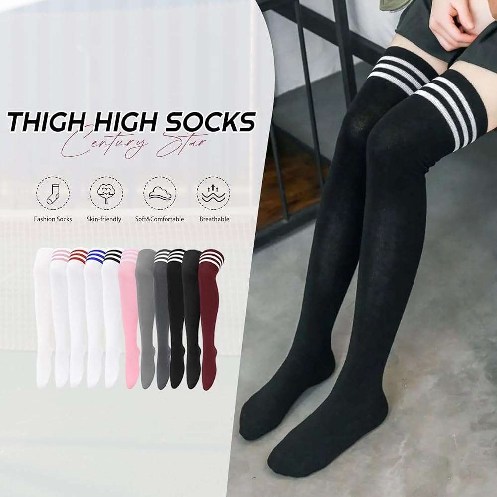 Century Star 3 Pairs Thigh High Socks for Women Over the Knee High Socks Triple Stripe Long Stockings Thigh Highs Leg Warmer - Image 5