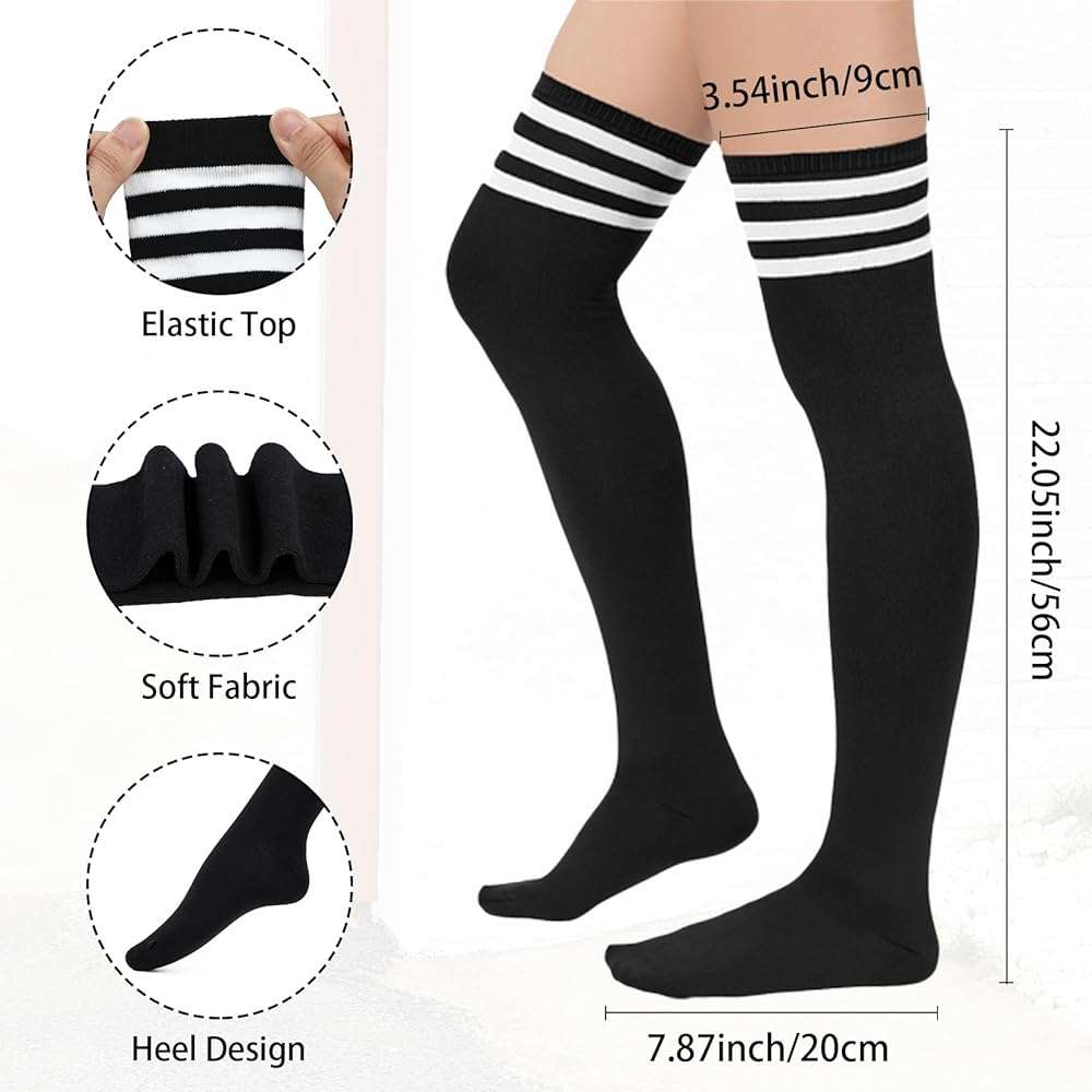 Century Star 3 Pairs Thigh High Socks for Women Over the Knee High Socks Triple Stripe Long Stockings Thigh Highs Leg Warmer - Image 6