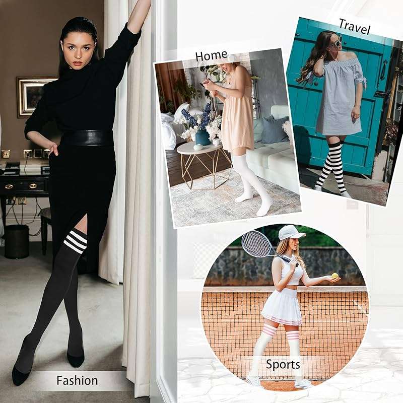 Century Star 3 Pairs Thigh High Socks for Women Over the Knee High Socks Triple Stripe Long Stockings Thigh Highs Leg Warmer - Image 7