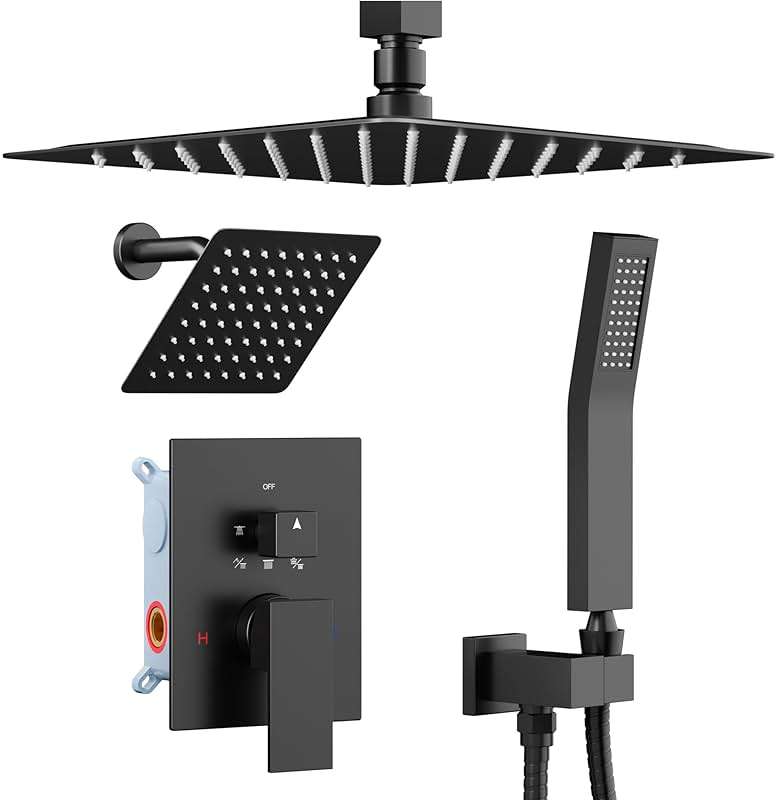 Matte Black Shower Faucet Set Shower System, STARBATH 12"+6" Ceiling Mount Rain Shower Head and Handheld Spray for Two Person, Shower Faucet Set with Diverter Valve and Trim Kit Complete - Image 1