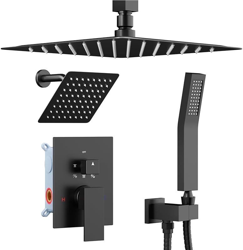Matte Black Shower Faucet Set Shower System, STARBATH 12"+6" Ceiling Mount Rain Shower Head and Handheld Spray for Two Person, Shower Faucet Set with Diverter Valve and Trim Kit Complete - Product Image