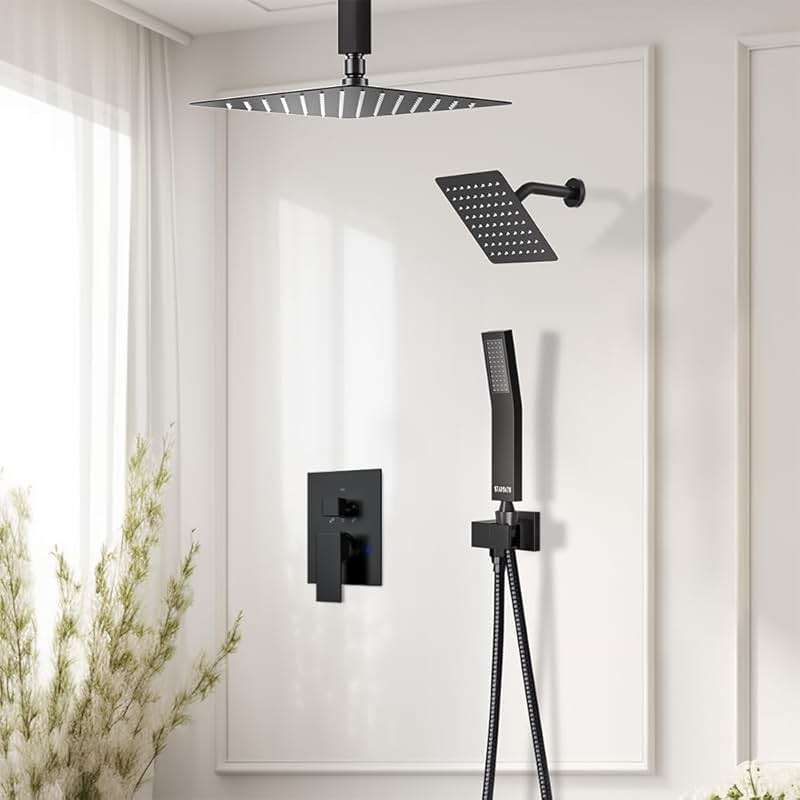 Matte Black Shower Faucet Set Shower System, STARBATH 12"+6" Ceiling Mount Rain Shower Head and Handheld Spray for Two Person, Shower Faucet Set with Diverter Valve and Trim Kit Complete - Image 2