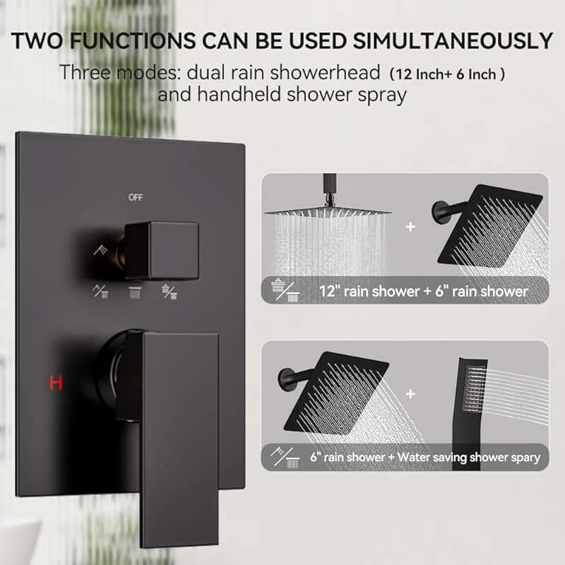 Matte Black Shower Faucet Set Shower System, STARBATH 12"+6" Ceiling Mount Rain Shower Head and Handheld Spray for Two Person, Shower Faucet Set with Diverter Valve and Trim Kit Complete - Image 3