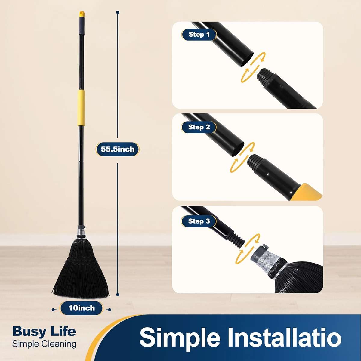 Yocada Broom Commercial Indoor Outdoor Broom 55.5 inch Tall for Courtyard Garage Lobby Mall Market Floor Home Office Leaves Stone Dust Rubbishb Black - Image 2