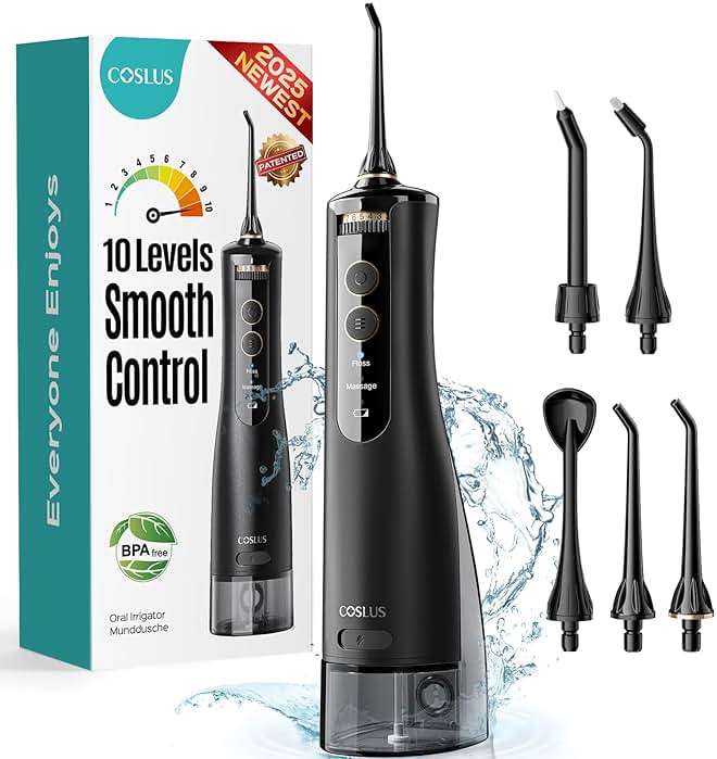 COSLUS E40 Portable Water Flosser for Teeth: ADA Accepted, 10 Pressure Settings Professional Water Dental Pick for Orthodontic, Braces & Sensitive Gums - Cordless for Travel Use, for Teens, BPA-Free - Image 1