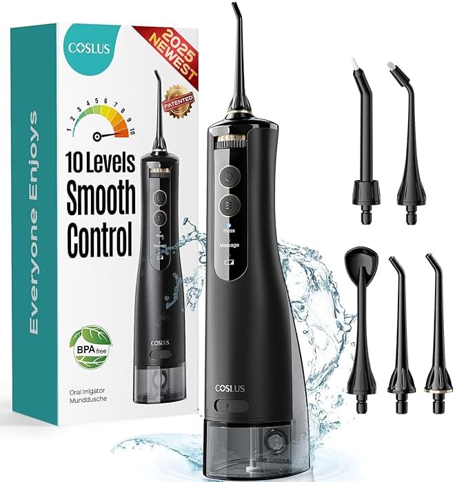 COSLUS E40 Portable Water Flosser for Teeth: ADA Accepted, 10 Pressure Settings Professional Water Dental Pick for Orthodontic, Braces & Sensitive Gums - Cordless for Travel Use, for Teens, BPA-Free - Product Image