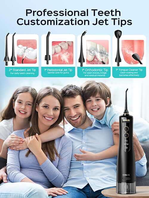 COSLUS E40 Portable Water Flosser for Teeth: ADA Accepted, 10 Pressure Settings Professional Water Dental Pick for Orthodontic, Braces & Sensitive Gums - Cordless for Travel Use, for Teens, BPA-Free - Image 9