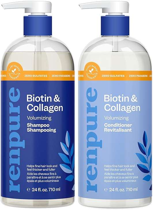 Renpure Biotin & Collagen Shampoo & Conditioner Set, Plant- Based - Nutrient Infused Formulas for Fuller, Thicker Looking Hair - For Fine Hair - Vitamin B7 (Biotin) & Collagen - 24 Fl Oz each, 2 Pack - Image 1