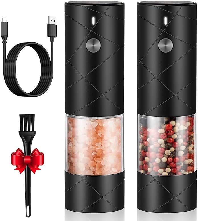 Rechargeable Electric Salt and Pepper Grinder Set - Extra Large Capacity - Automatic Black Peppercorn & Sea Salt Mill Grinders Set with Adjustable Coarseness & LED Light - Product Image