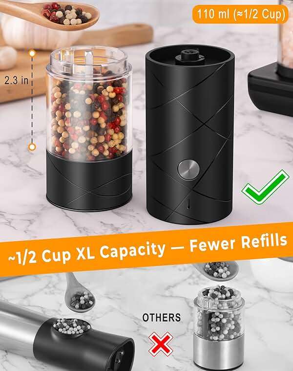 Rechargeable Electric Salt and Pepper Grinder Set - Extra Large Capacity - Automatic Black Peppercorn & Sea Salt Mill Grinders Set with Adjustable Coarseness & LED Light - Image 2