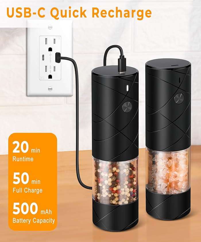 Rechargeable Electric Salt and Pepper Grinder Set - Extra Large Capacity - Automatic Black Peppercorn & Sea Salt Mill Grinders Set with Adjustable Coarseness & LED Light - Image 3