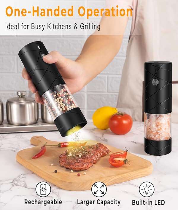 Rechargeable Electric Salt and Pepper Grinder Set - Extra Large Capacity - Automatic Black Peppercorn & Sea Salt Mill Grinders Set with Adjustable Coarseness & LED Light - Image 4
