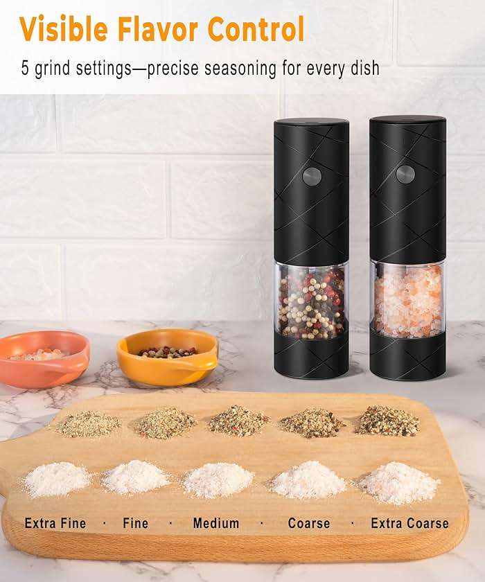 Rechargeable Electric Salt and Pepper Grinder Set - Extra Large Capacity - Automatic Black Peppercorn & Sea Salt Mill Grinders Set with Adjustable Coarseness & LED Light - Image 5