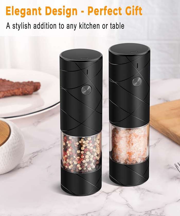 Rechargeable Electric Salt and Pepper Grinder Set - Extra Large Capacity - Automatic Black Peppercorn & Sea Salt Mill Grinders Set with Adjustable Coarseness & LED Light - Image 6