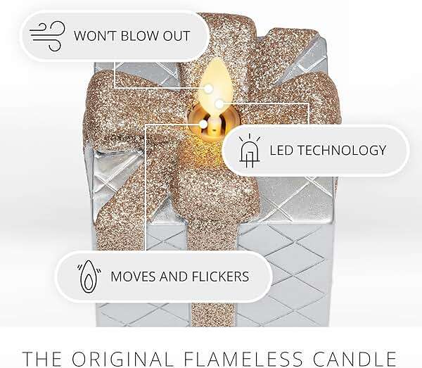 Luminara - Flameless Holiday LED Candle Battery Operated Moving Flame - Silver Gift Box - Pack of 1-3x4.25 - Glitter Ribbon with 5-Hour Timer Candle - Image 3