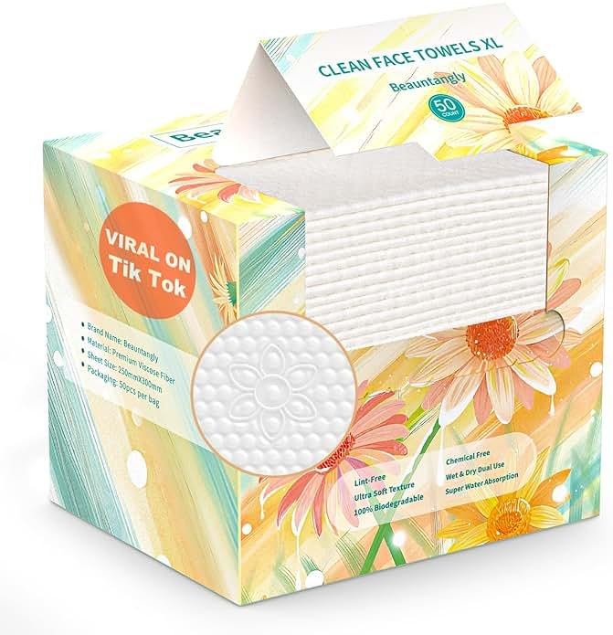 Beauntangly Disposable Face Towel, XL Unscented Facial Towelettes Soft Thick Absorbent, Lint-Free Biodegradable Makeup Remover Dry Wipes Clean Skin Care Washing Drying Camping Travel Essentials, 50 Ct - Product Image