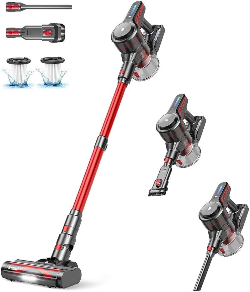 CHEBIO Lightweight Cordless Vacuum Cleaners for Home, Stick Vacuum Cordless Rechargeable with 45kPa Suction,45-Min Run,Anti-Tangle and Self-Stand, 6 in 1 Hardwood Vacuum Cleaner (red) - Image 1