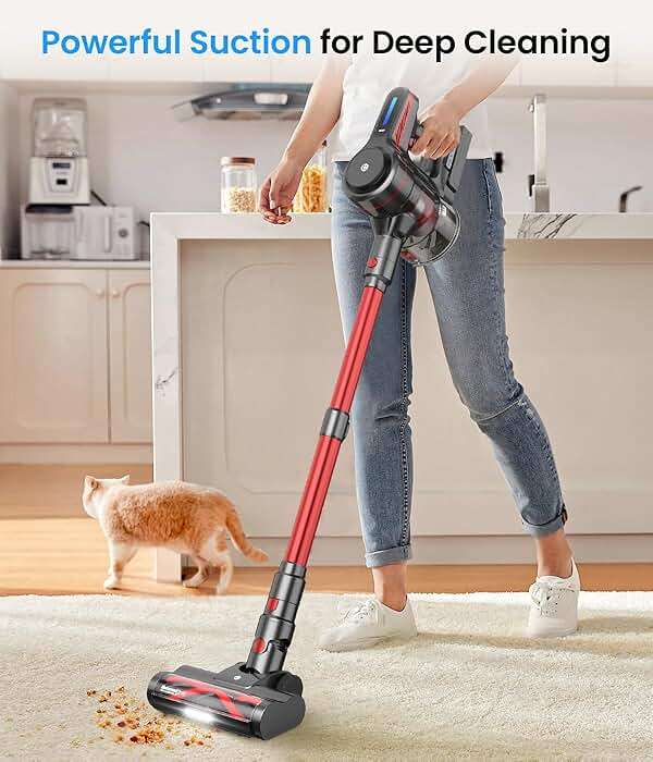 CHEBIO Lightweight Cordless Vacuum Cleaners for Home, Stick Vacuum Cordless Rechargeable with 45kPa Suction,45-Min Run,Anti-Tangle and Self-Stand, 6 in 1 Hardwood Vacuum Cleaner (red) - Image 2