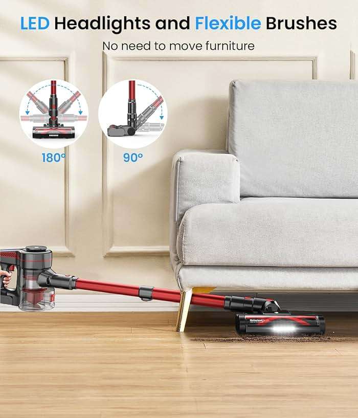 CHEBIO Lightweight Cordless Vacuum Cleaners for Home, Stick Vacuum Cordless Rechargeable with 45kPa Suction,45-Min Run,Anti-Tangle and Self-Stand, 6 in 1 Hardwood Vacuum Cleaner (red) - Image 6