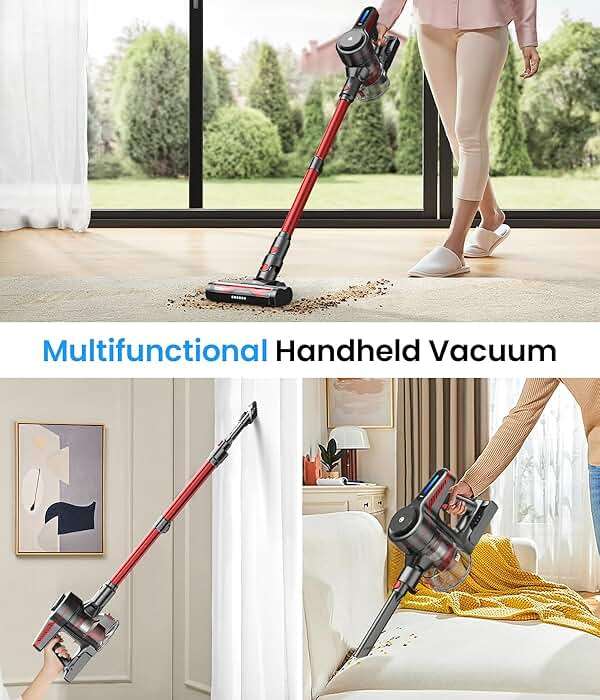 CHEBIO Lightweight Cordless Vacuum Cleaners for Home, Stick Vacuum Cordless Rechargeable with 45kPa Suction,45-Min Run,Anti-Tangle and Self-Stand, 6 in 1 Hardwood Vacuum Cleaner (red) - Image 7