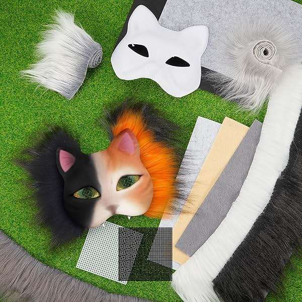 Seenelling DIY Therian Mask Kit Blank Cat Mask with Felt Fabric Sheet Plush Faux Fur Eye Mesh for Therian Gear Stuff - Image 3