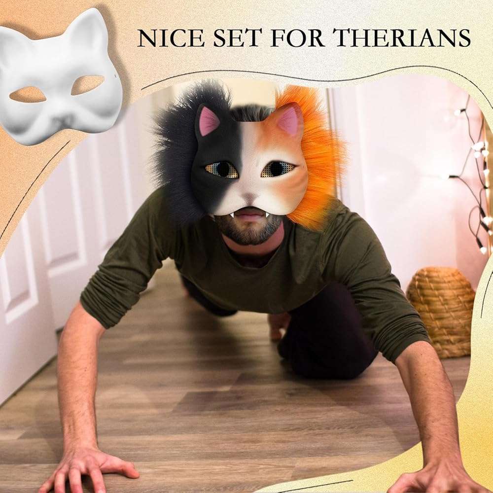 Seenelling DIY Therian Mask Kit Blank Cat Mask with Felt Fabric Sheet Plush Faux Fur Eye Mesh for Therian Gear Stuff - Image 4