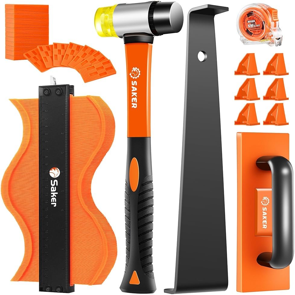 Saker Laminate Flooring Tools, 65-Piece Wood Flooring Installation Kit with 60 Flooring Spacers,Tapping Block with Handle, Pull Bar, 10”Contour Gauge, Rubber Mallet, Tape Measure - Product Image