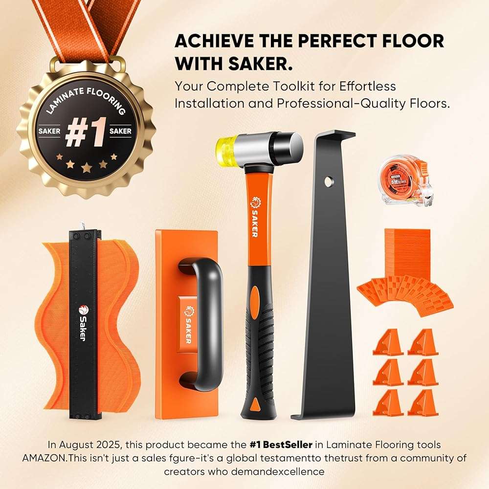 Saker Laminate Flooring Tools, 65-Piece Wood Flooring Installation Kit with 60 Flooring Spacers,Tapping Block with Handle, Pull Bar, 10”Contour Gauge, Rubber Mallet, Tape Measure - Image 2