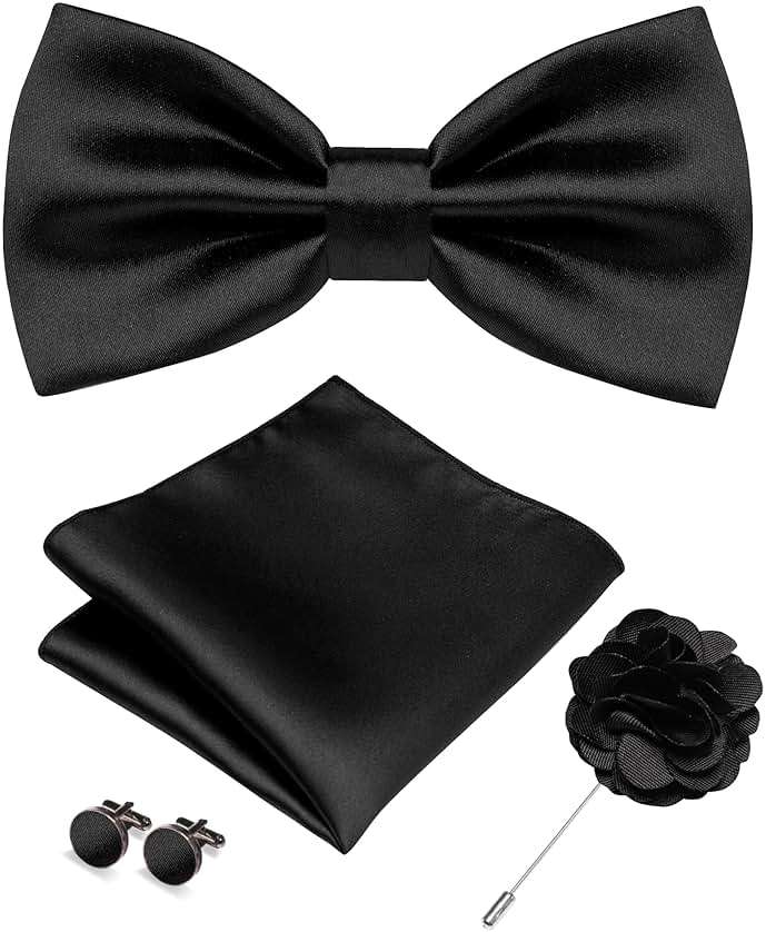 RBOCOTT Solid Color Bow Tie and Pocket Square with Lapel Pin Cufflinks Set 4PCS - Image 1