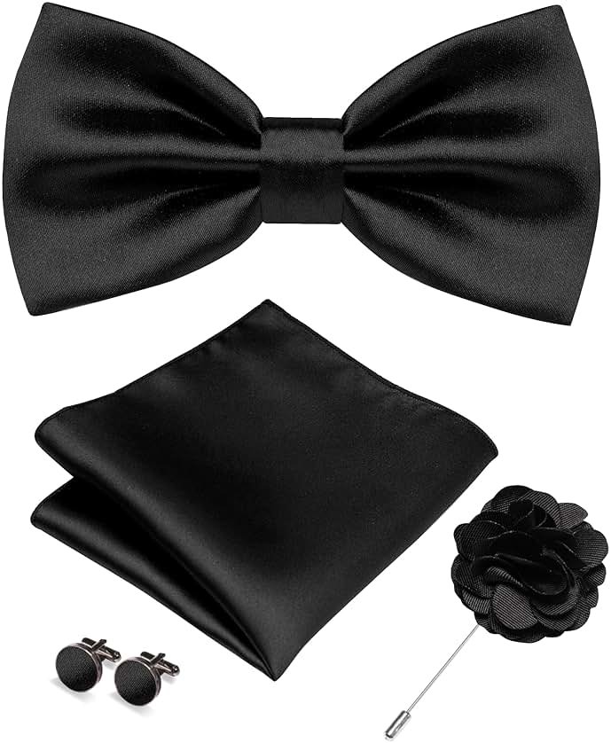 RBOCOTT Solid Color Bow Tie and Pocket Square with Lapel Pin Cufflinks Set 4PCS - Product Image