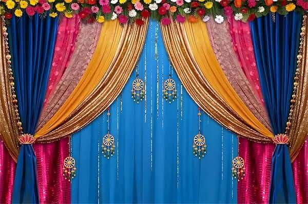 CSFOTO 7x5ft Indian Traditional Backdrop Colored Curtains Marigold Photography Background Indian Hindu Wedding Banner Happy Holi Diwali Pooja Party Decorations Photo Props - Image 1