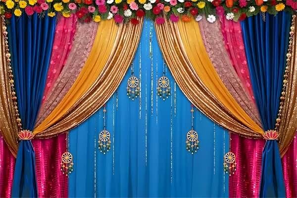 CSFOTO 7x5ft Indian Traditional Backdrop Colored Curtains Marigold Photography Background Indian Hindu Wedding Banner Happy Holi Diwali Pooja Party Decorations Photo Props - Product Image