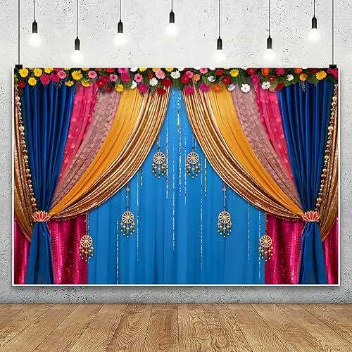 CSFOTO 7x5ft Indian Traditional Backdrop Colored Curtains Marigold Photography Background Indian Hindu Wedding Banner Happy Holi Diwali Pooja Party Decorations Photo Props - Image 2