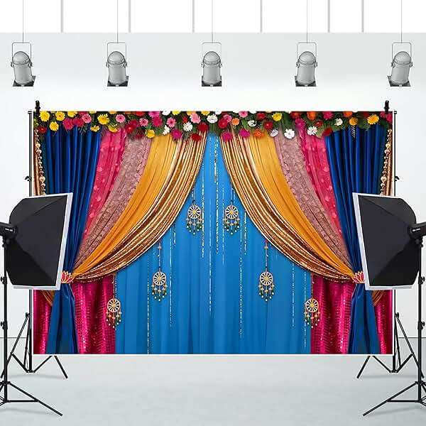 CSFOTO 7x5ft Indian Traditional Backdrop Colored Curtains Marigold Photography Background Indian Hindu Wedding Banner Happy Holi Diwali Pooja Party Decorations Photo Props - Image 5