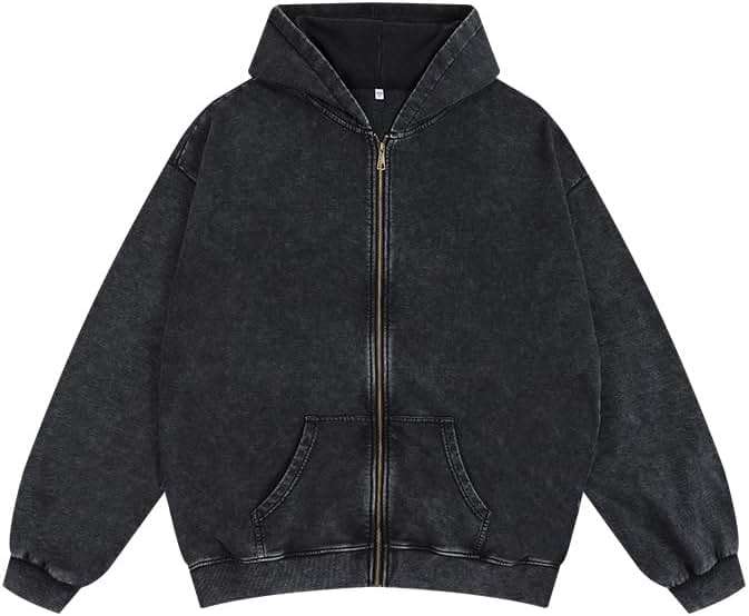 Dynict Men's Zip-Up Hoodies Solid Hip-Hop Y2K Oversize Wash Old Craft Basic Hoodies Heavyweight Casual Fit Sweatshirt - Image 1