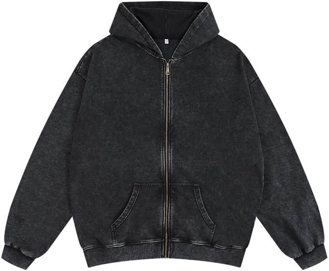 Dynict Men's Zip-Up Hoodies Solid Hip-Hop Y2K Oversize Wash Old Craft Basic Hoodies Heavyweight Casual Fit Sweatshirt - Product Image