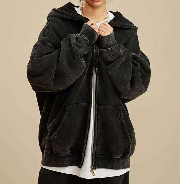 Dynict Men's Zip-Up Hoodies Solid Hip-Hop Y2K Oversize Wash Old Craft Basic Hoodies Heavyweight Casual Fit Sweatshirt - Image 5