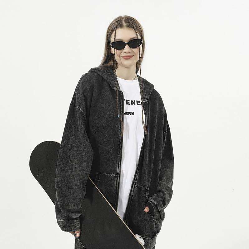 Dynict Men's Zip-Up Hoodies Solid Hip-Hop Y2K Oversize Wash Old Craft Basic Hoodies Heavyweight Casual Fit Sweatshirt - Image 6