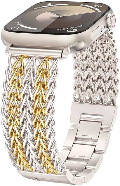 Minyee Compatible with Apple Watch Band 41/40/38/44/45/46/49/42mm Women, Dressy Stainless Steel Metal Adjustable Chain Strap Link Bracelet Wristband for iWatch Series 11 10 9 8 7 6 5 4 3 2 1 Ultra SE - Product Image