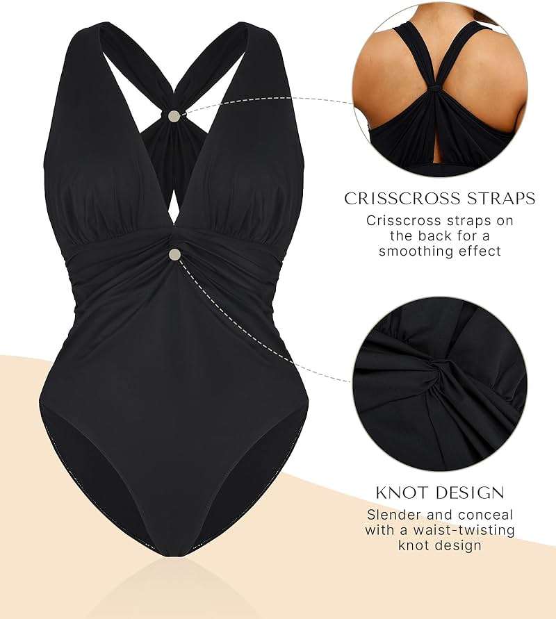 SHAPELLX Women's One Piece Swimsuit Tummy Control Ruched Full Coverage Bathing Suit V Neck Slimming Swimwear - Image 3