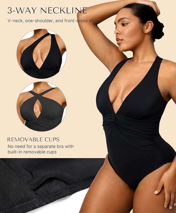 SHAPELLX Women's One Piece Swimsuit Tummy Control Ruched Full Coverage Bathing Suit V Neck Slimming Swimwear - Image 4