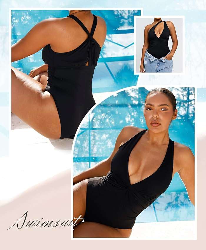 SHAPELLX Women's One Piece Swimsuit Tummy Control Ruched Full Coverage Bathing Suit V Neck Slimming Swimwear - Image 5