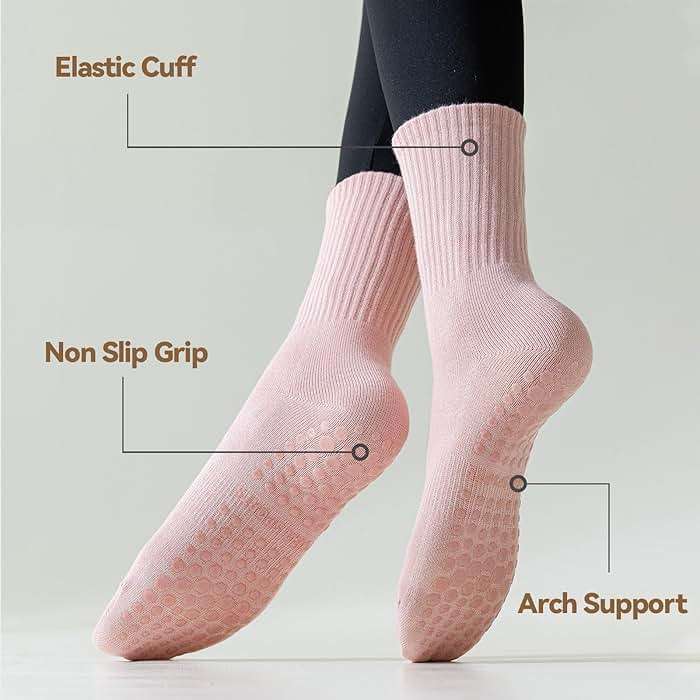 TOAMOUR 4 Pairs Pilates Socks with Grips for Women, Non Slip Yoga Athletic Ballet Barre Dance Workout Crew Socks - Image 3