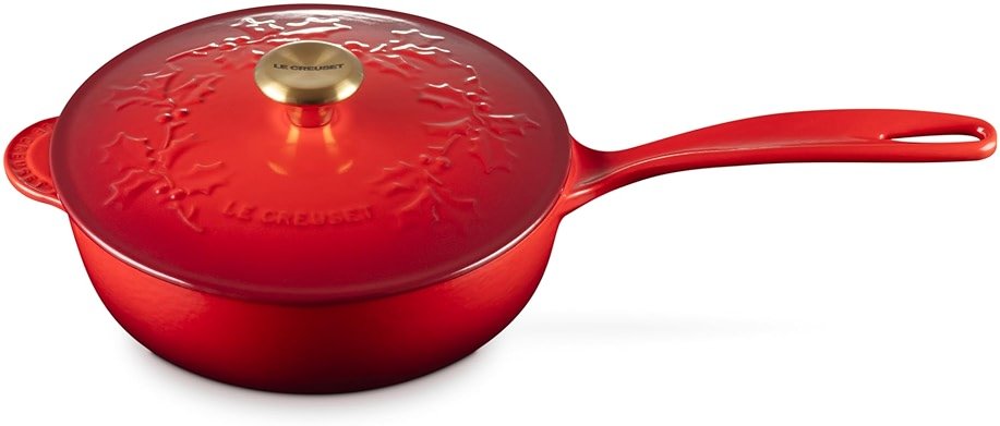 Le Creuset Enameled Cast Iron Holly Collection Saucier, 2.25 qt., Cerise with Gold Knob - Product Image